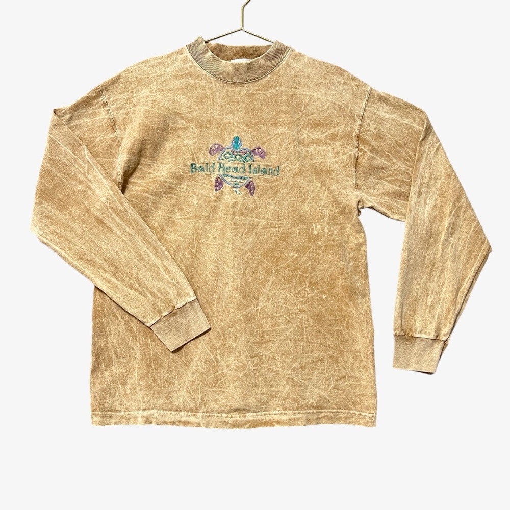 Vintage J. America Mens Tan Embroidered Long Sleeve Tee Large Bleach Washed